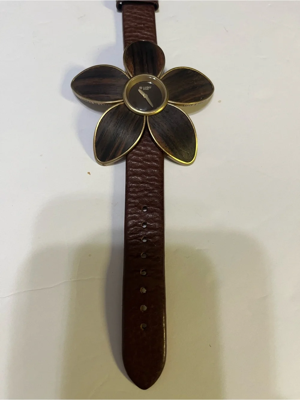 Vintage y2k era cuffLucky Brand Brown Floral Leather Strap Watch with Petal Dial